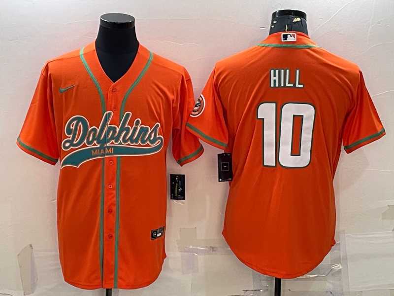 Mens Miami Dolphins #10 Tyreek Hill Orange With Patch Cool Base Stitched Baseball Jersey